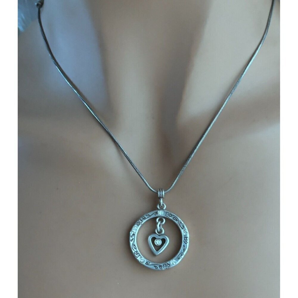 BRIGHTON" CIRCLE OF LIFE W/DANGLING HEART NECKLACE, 16"-18", CLEAR RHINESTONE
